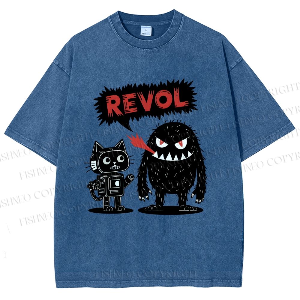 Unisex Cat Monster Printed Washed Tee