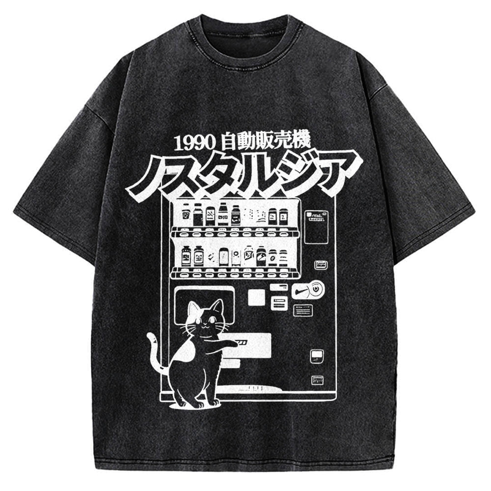 Retro Japan Cat Vending Machine 90s Anime Harajuku Nostalgic Vintage Washed T-shirt