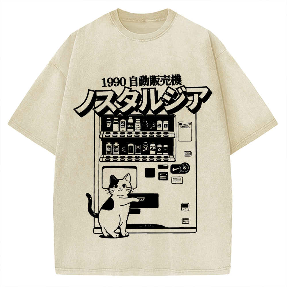 Retro Japan Cat Vending Machine 90s Anime Harajuku Nostalgic Vintage Washed T-shirt