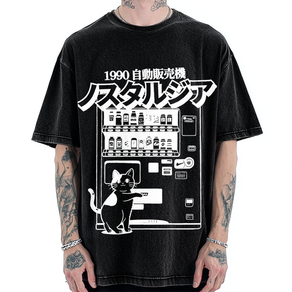 Retro Japan Cat Vending Machine 90s Anime Harajuku Nostalgic Vintage Washed T-shirt