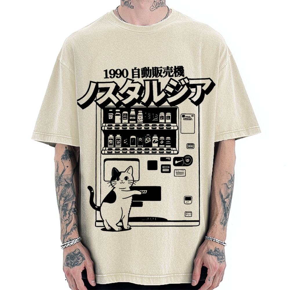 Retro Japan Cat Vending Machine 90s Anime Harajuku Nostalgic Vintage Washed T-shirt