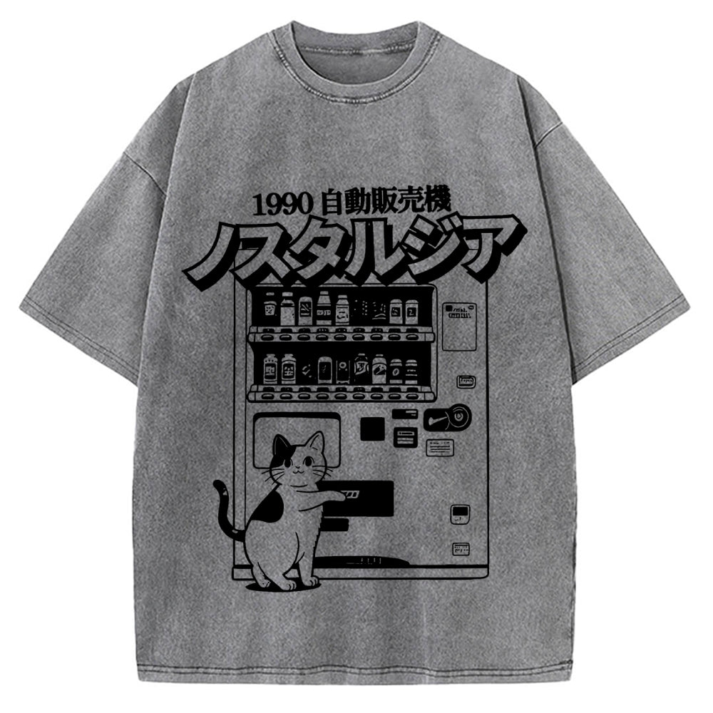 Retro Japan Cat Vending Machine 90s Anime Harajuku Nostalgic Vintage Washed T-shirt