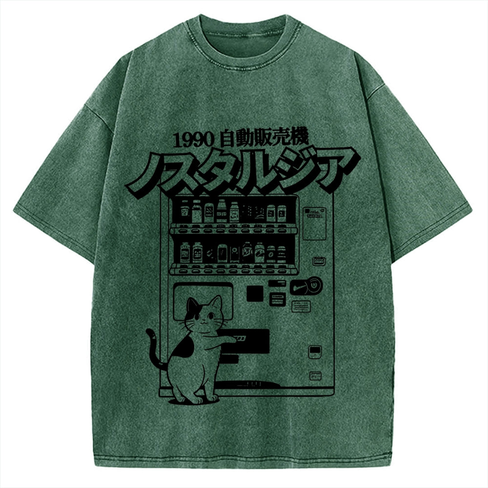 Retro Japan Cat Vending Machine 90s Anime Harajuku Nostalgic Vintage Washed T-shirt