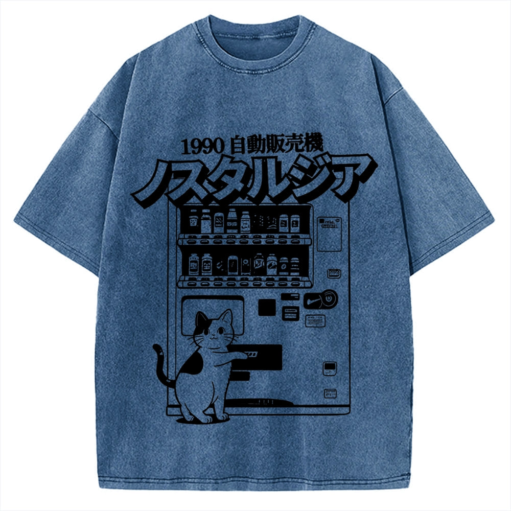 Retro Japan Cat Vending Machine 90s Anime Harajuku Nostalgic Vintage Washed T-shirt