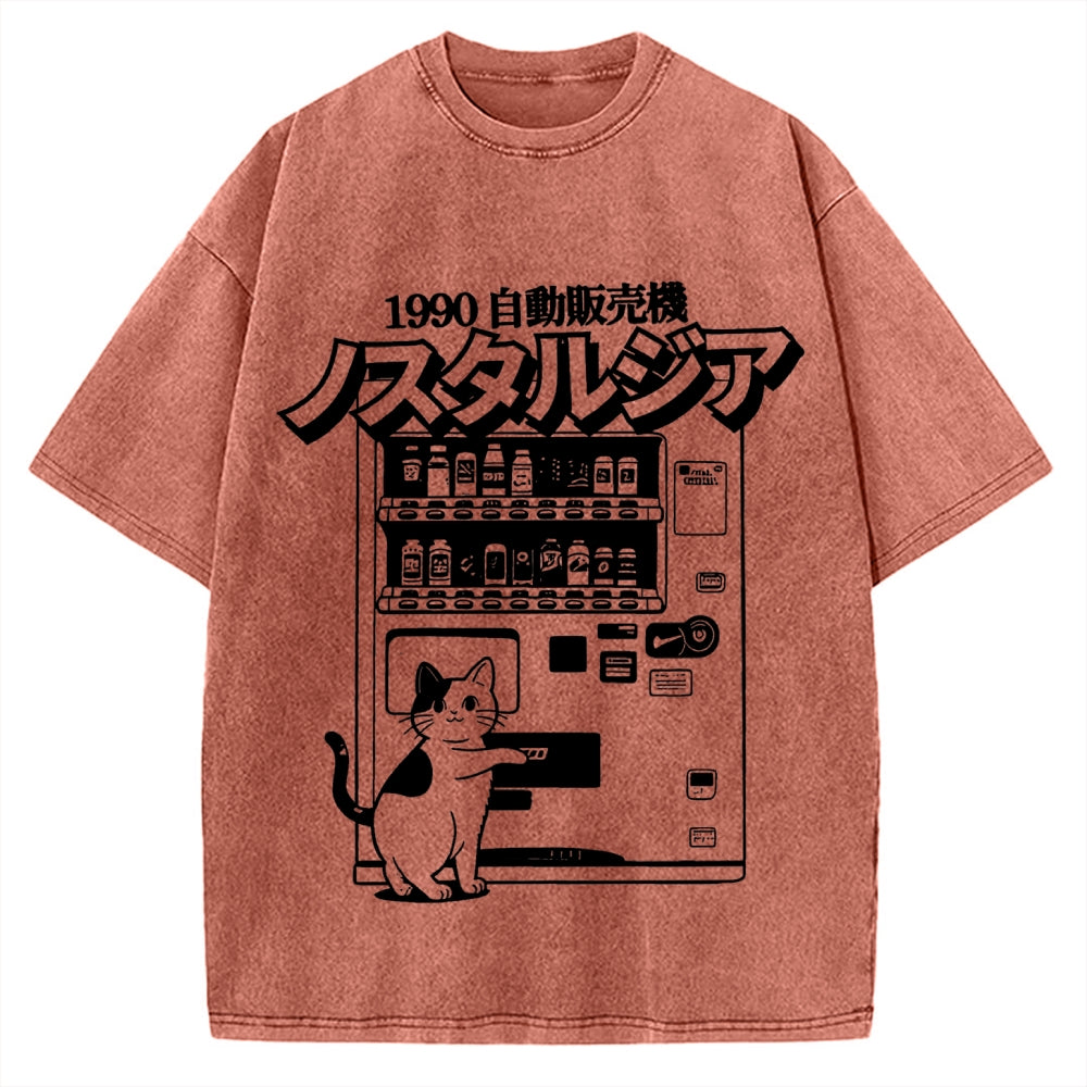 Retro Japan Cat Vending Machine 90s Anime Harajuku Nostalgic Vintage Washed T-shirt