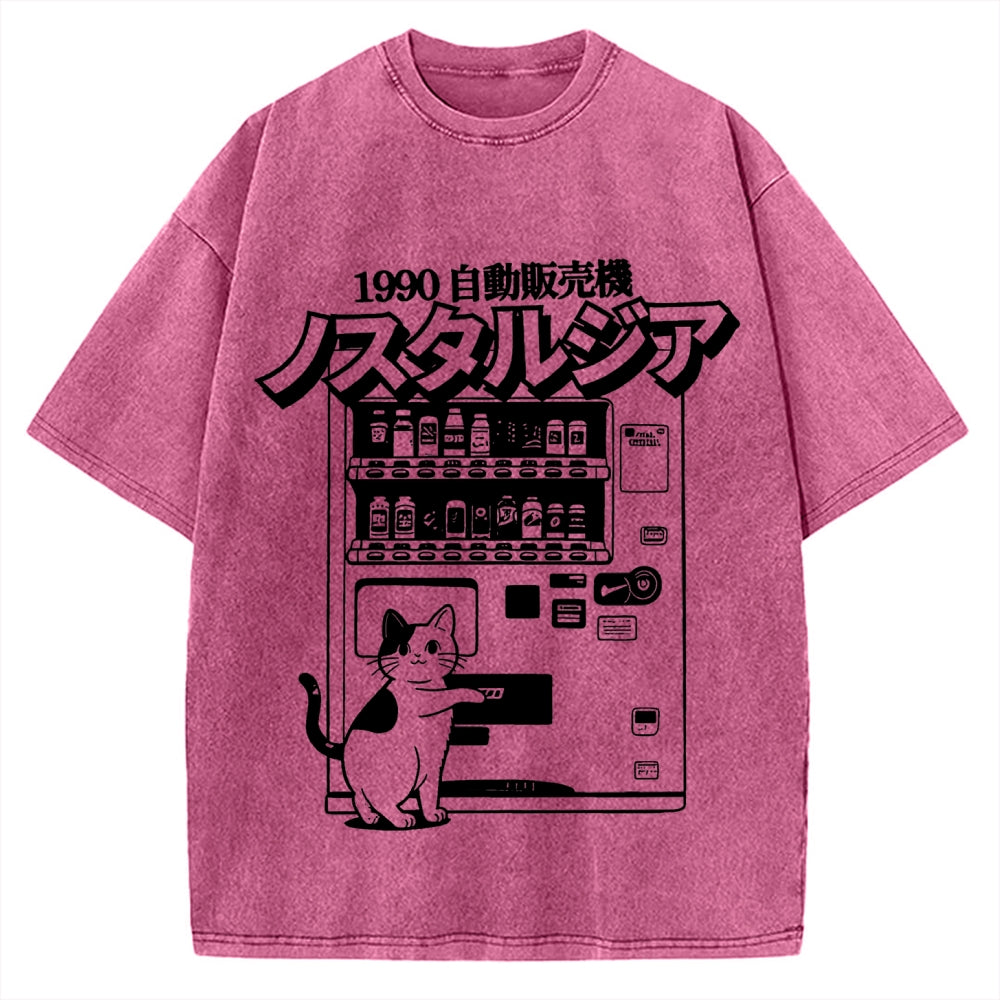 Retro Japan Cat Vending Machine 90s Anime Harajuku Nostalgic Vintage Washed T-shirt