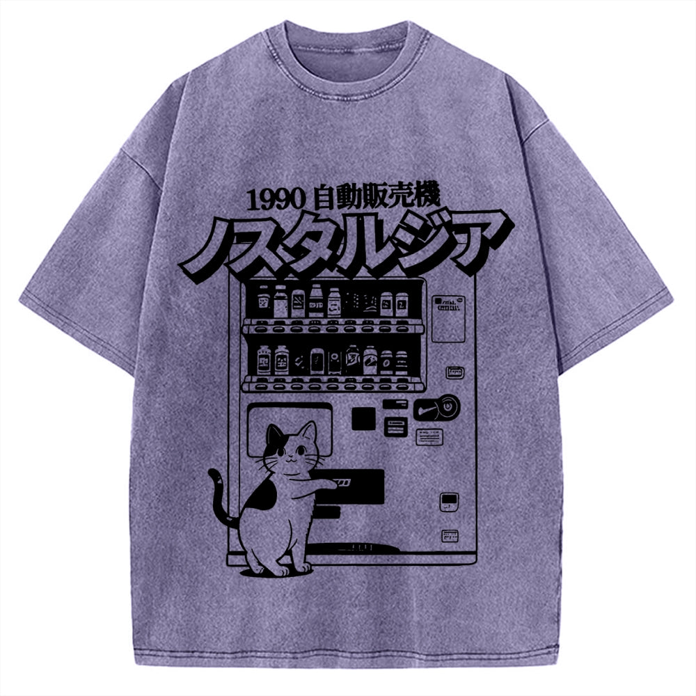 Retro Japan Cat Vending Machine 90s Anime Harajuku Nostalgic Vintage Washed T-shirt