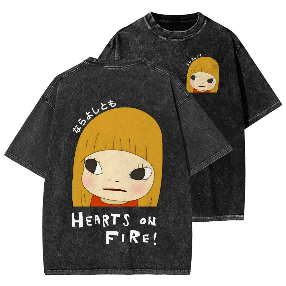Unisex Yoshitomo Nara Vintage Wash Japanese Design Front And Back Printing Washed T-shirt
