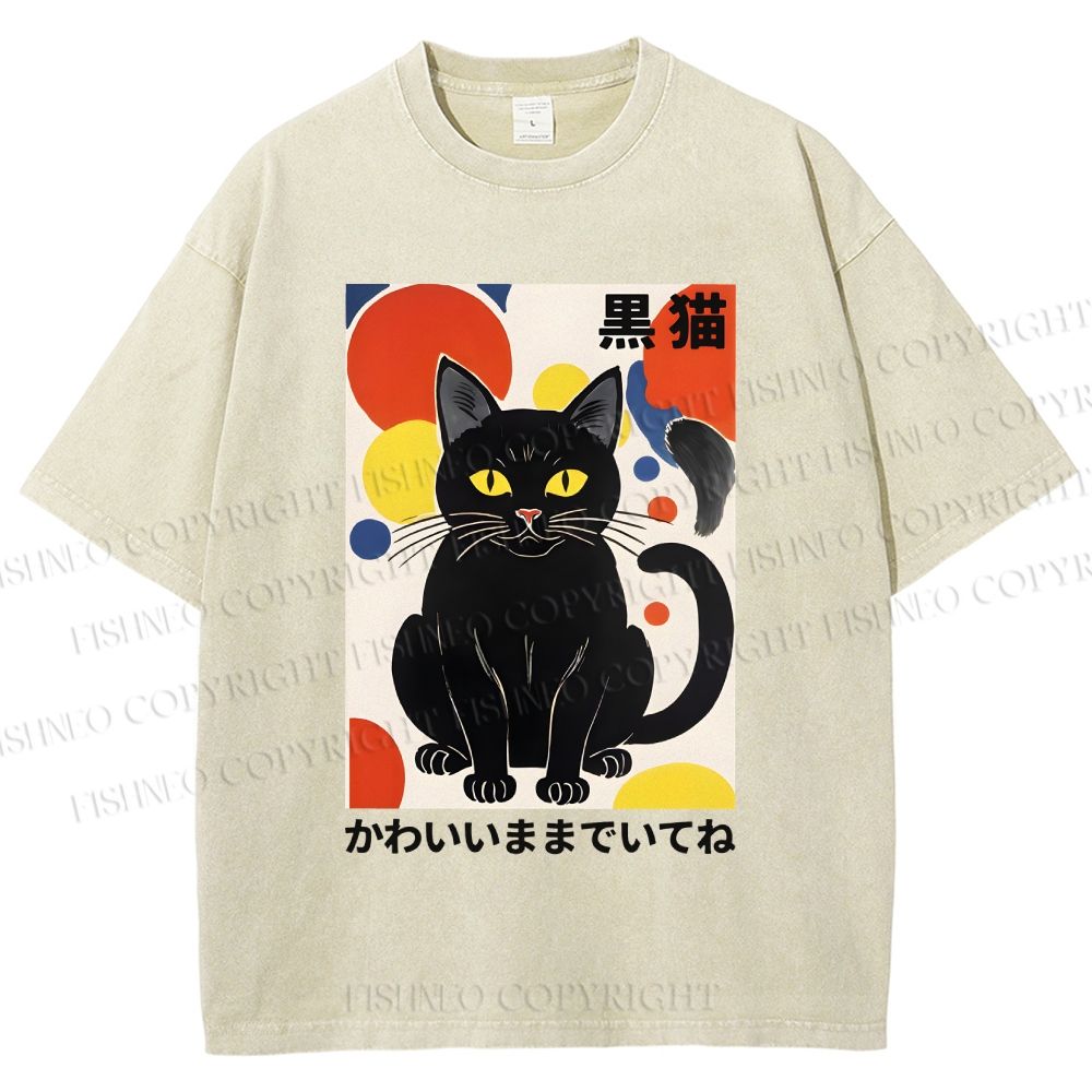 Unisex Artistic Geometric Black Cats Printed Washed Tee
