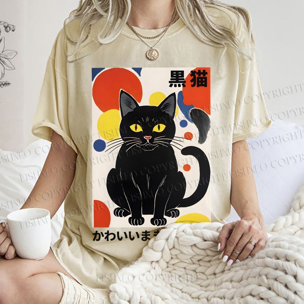 Unisex Artistic Geometric Black Cats Printed Washed Tee