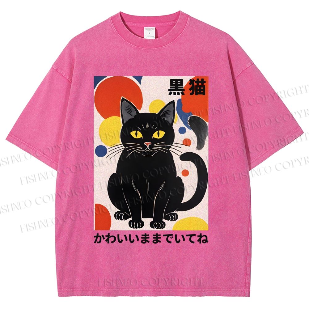Unisex Artistic Geometric Black Cats Printed Washed Tee