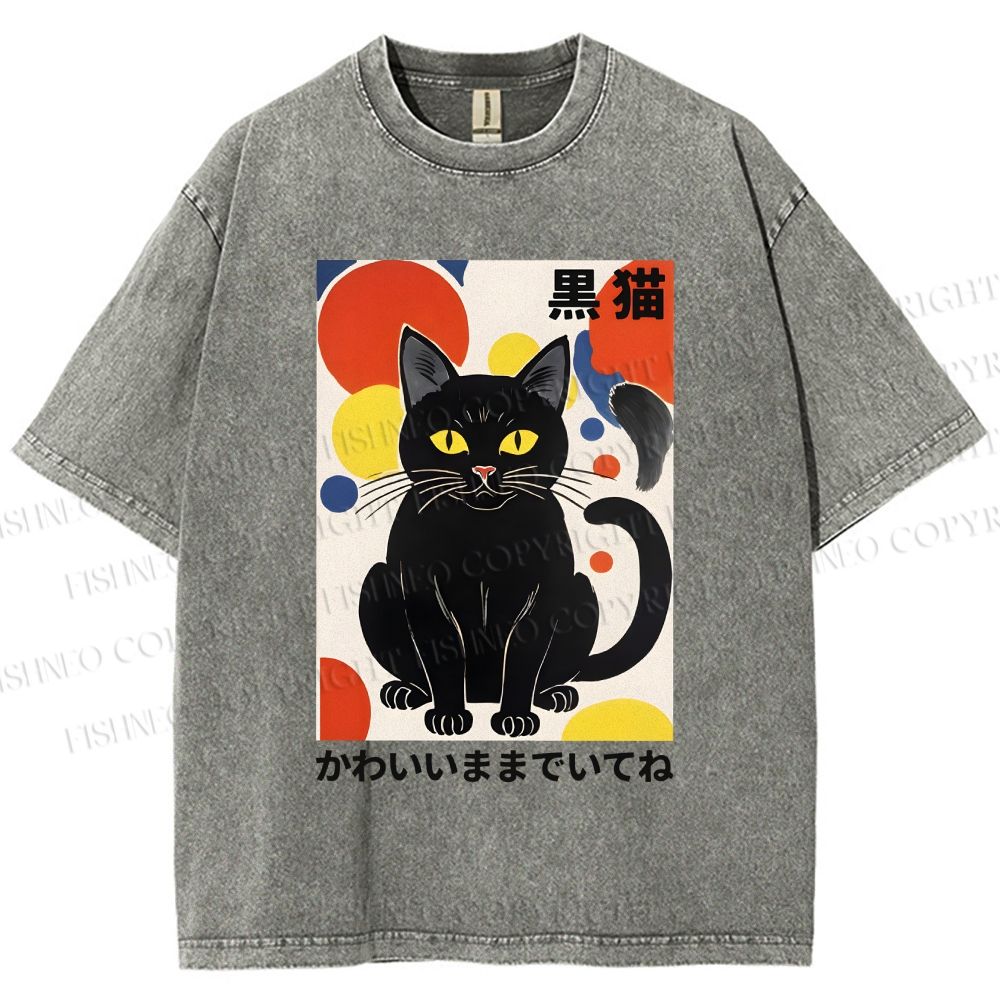 Unisex Artistic Geometric Black Cats Printed Washed Tee