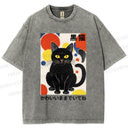 Unisex Artistic Geometric Black Cats Printed Washed Tee