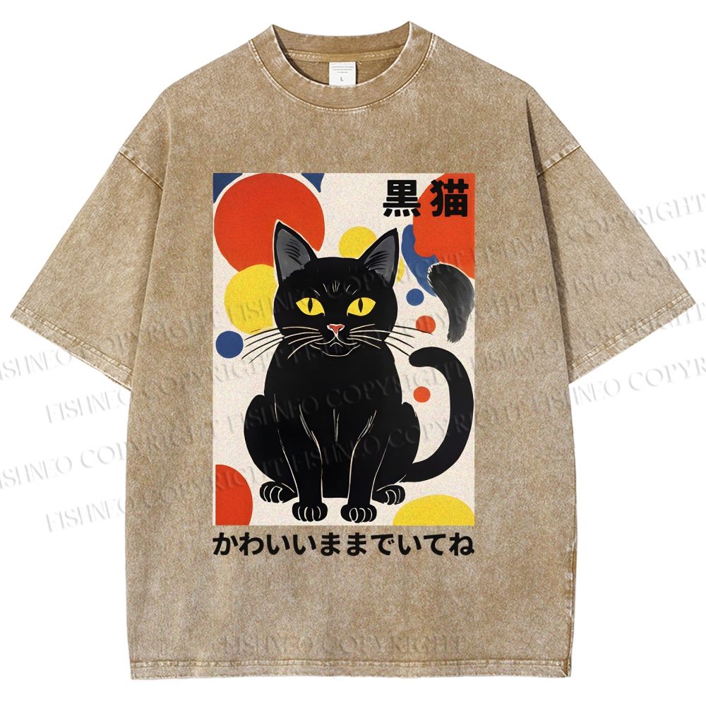 Unisex Artistic Geometric Black Cats Printed Washed Tee
