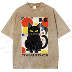 Unisex Artistic Geometric Black Cats Printed Washed Tee