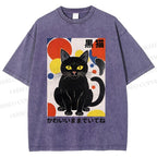 Unisex Artistic Geometric Black Cats Printed Washed Tee