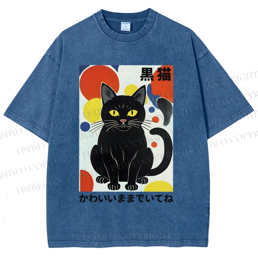Unisex Artistic Geometric Black Cats Printed Washed Tee