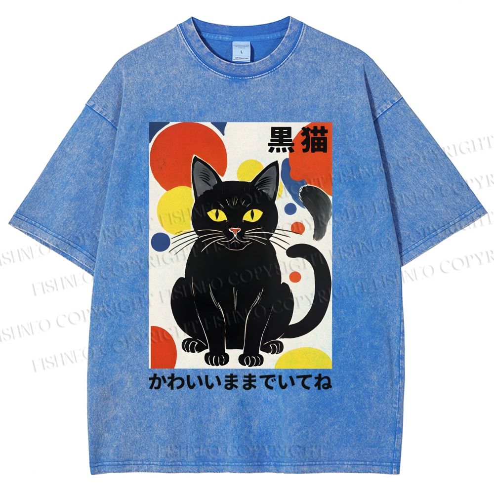 Unisex Artistic Geometric Black Cats Printed Washed Tee