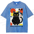 Unisex Artistic Geometric Black Cats Printed Washed Tee