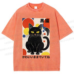 Unisex Artistic Geometric Black Cats Printed Washed Tee