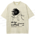 Unisex Drip Coffe Cat Printed Washed Tee