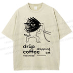 Unisex Drip Coffe Cat Printed Washed Tee