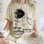Unisex Drip Coffe Cat Printed Washed Tee