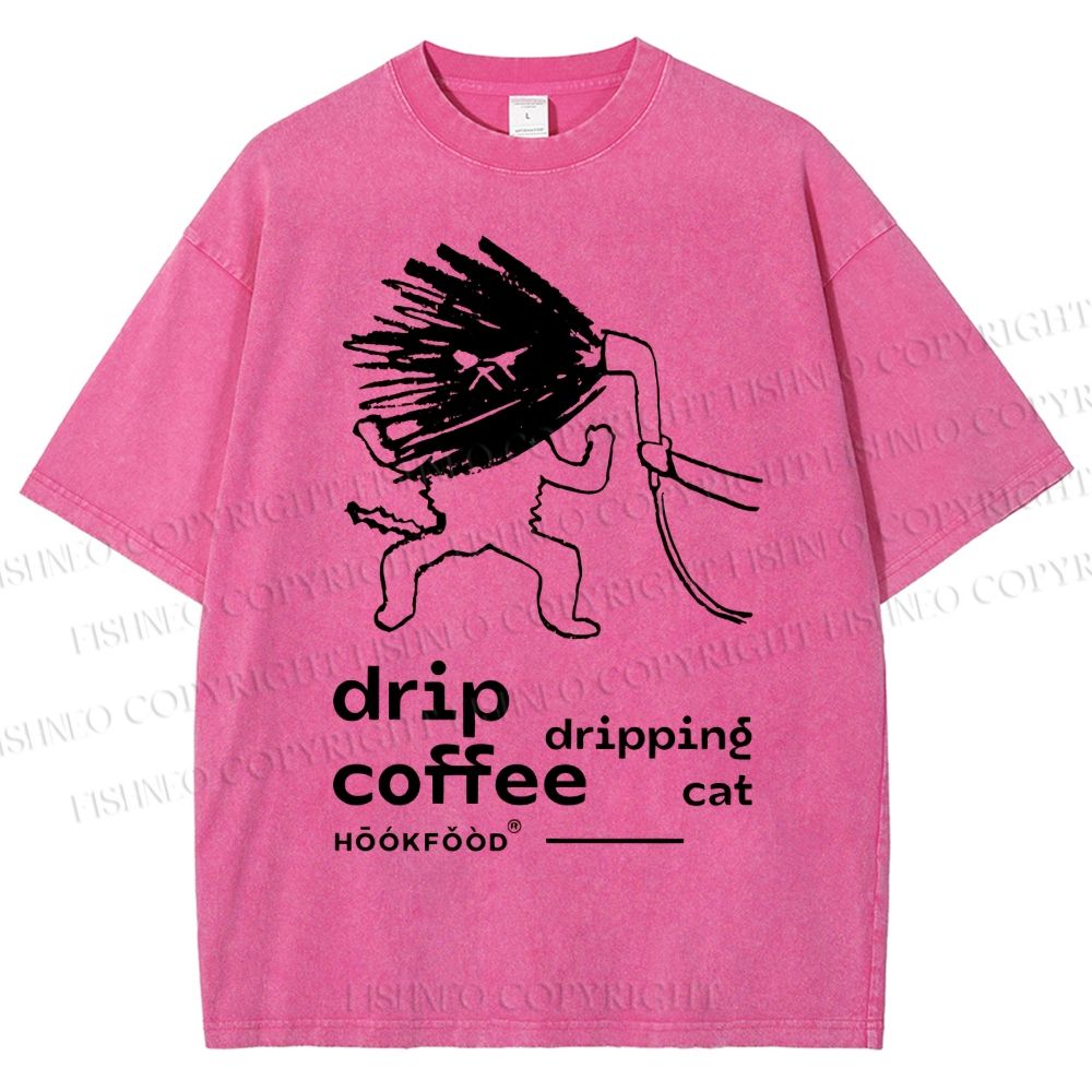 Unisex Drip Coffe Cat Printed Washed Tee