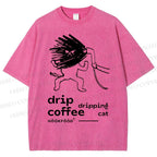 Unisex Drip Coffe Cat Printed Washed Tee