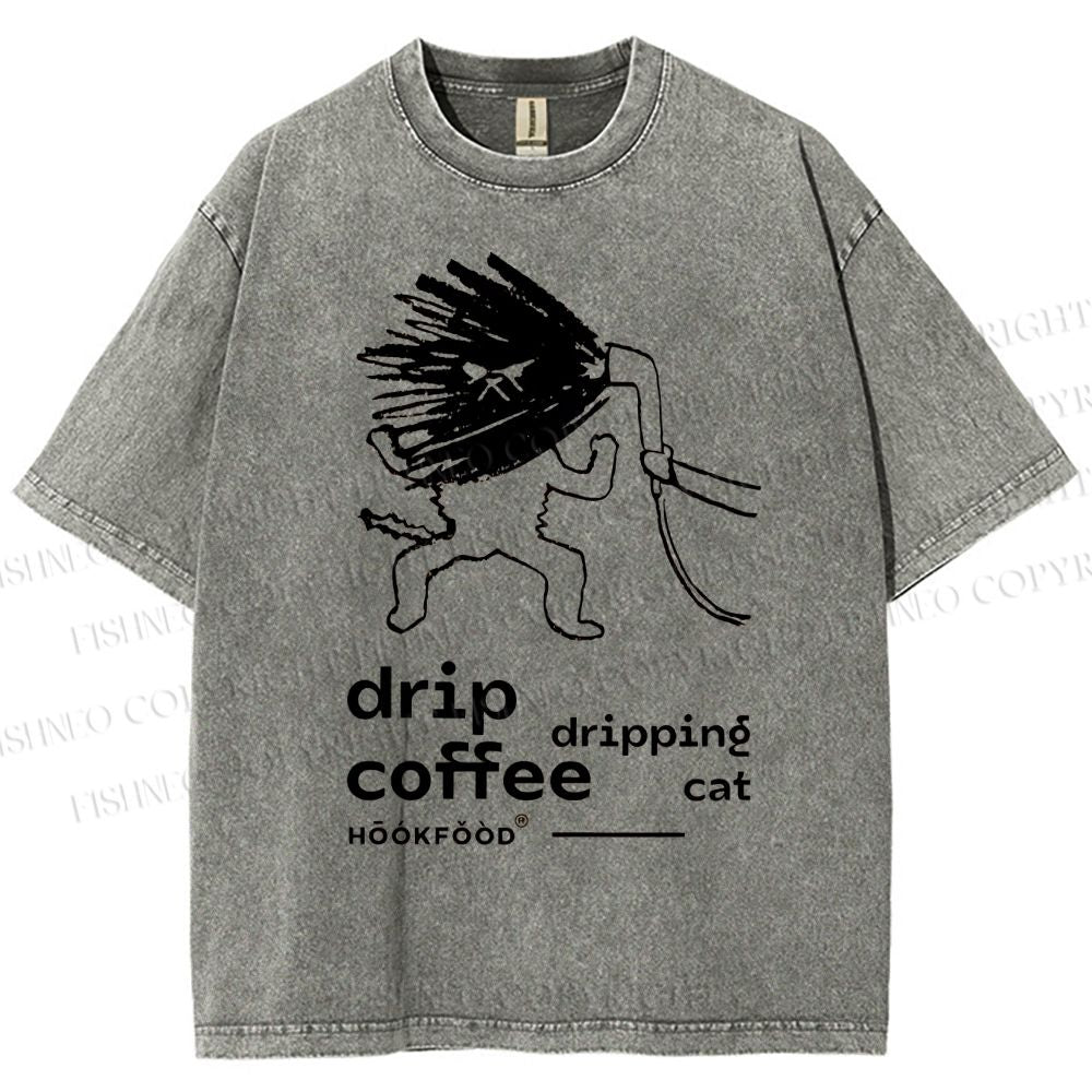 Unisex Drip Coffe Cat Printed Washed Tee