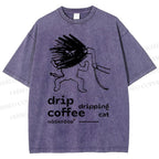 Unisex Drip Coffe Cat Printed Washed Tee