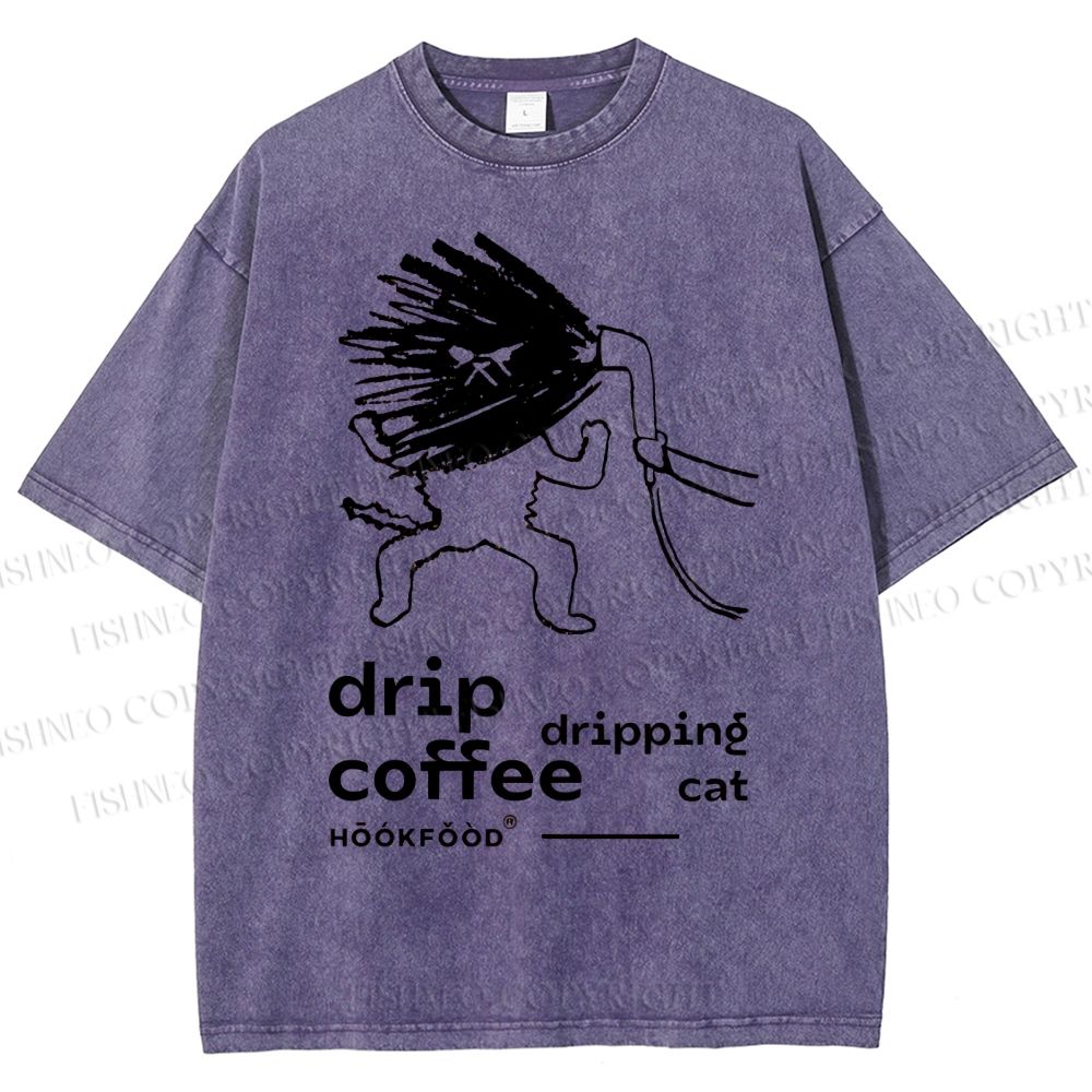 Unisex Drip Coffe Cat Printed Washed Tee