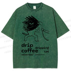 Unisex Drip Coffe Cat Printed Washed Tee