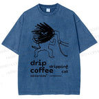 Unisex Drip Coffe Cat Printed Washed Tee