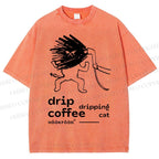 Unisex Drip Coffe Cat Printed Washed Tee
