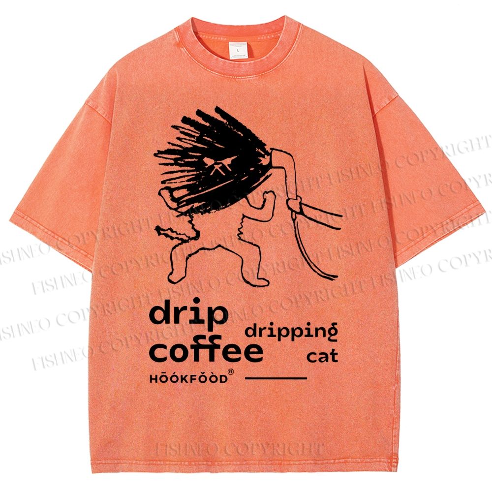 Unisex Drip Coffe Cat Printed Washed Tee