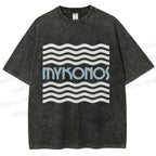 Unisex Mykonos Wave Printed Washed Tee