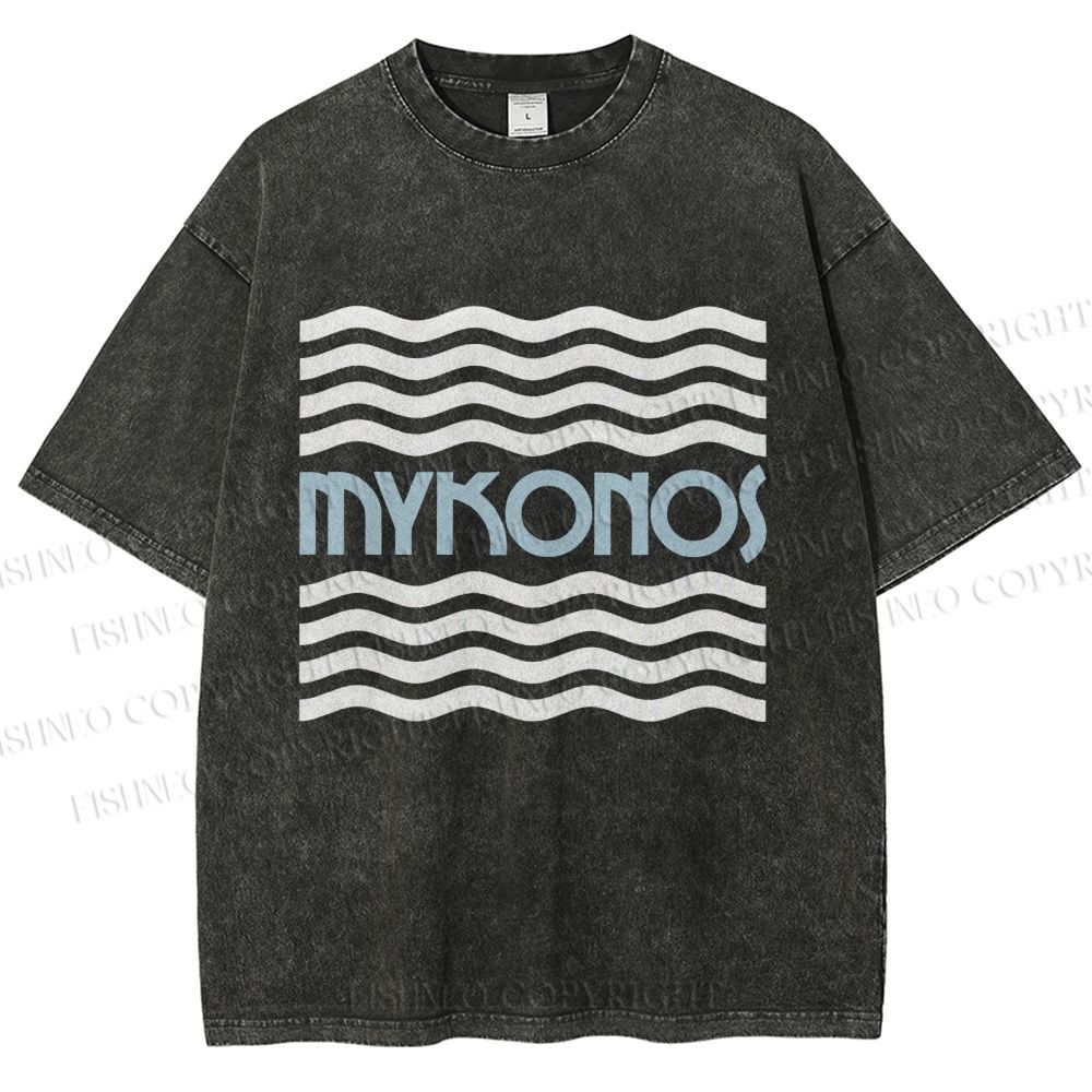 Unisex Mykonos Wave Printed Washed Tee