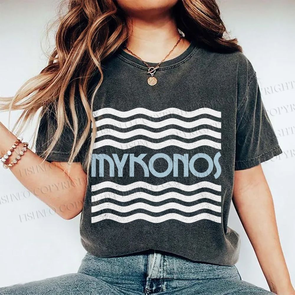 Unisex Mykonos Wave Printed Washed Tee