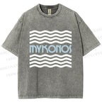 Unisex Mykonos Wave Printed Washed Tee