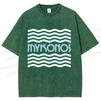 Unisex Mykonos Wave Printed Washed Tee