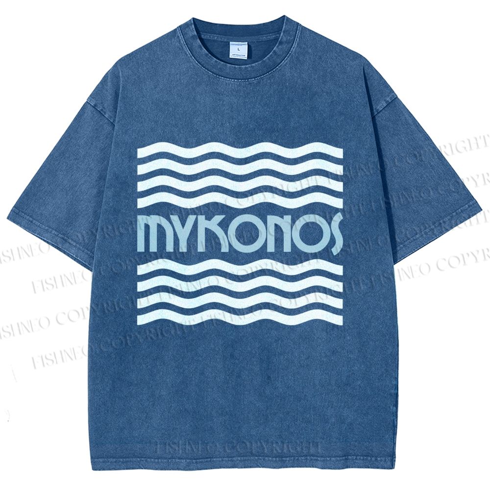 Unisex Mykonos Wave Printed Washed Tee