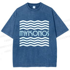 Unisex Mykonos Wave Printed Washed Tee