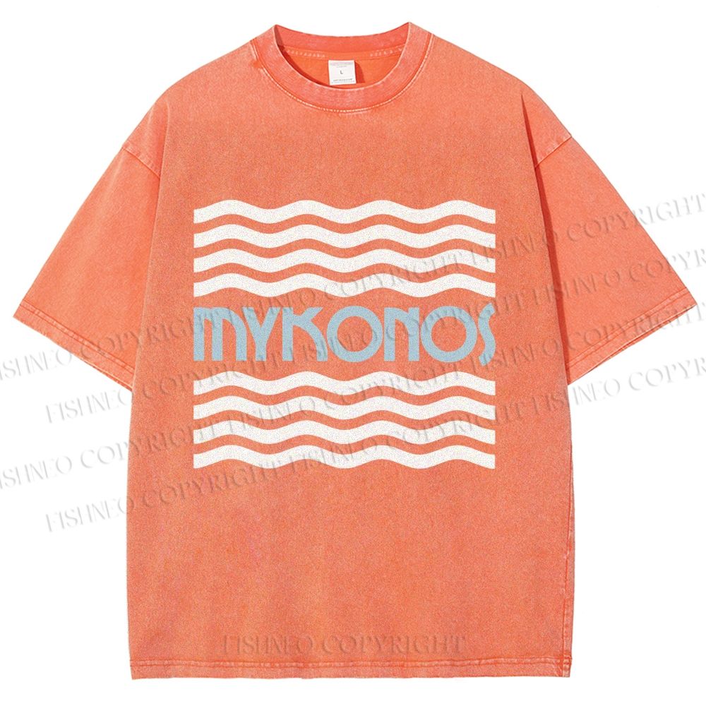 Unisex Mykonos Wave Printed Washed Tee