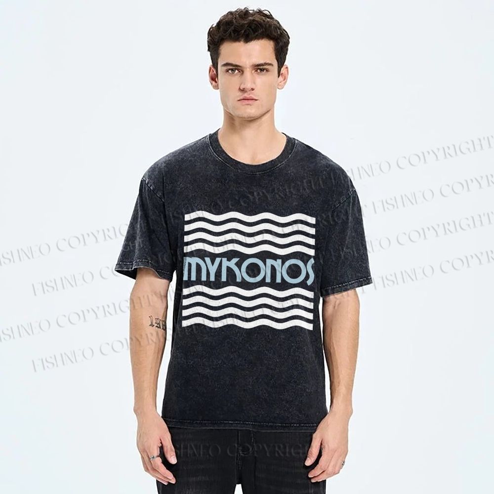 Unisex Mykonos Wave Printed Washed Tee