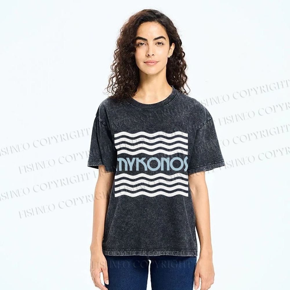 Unisex Mykonos Wave Printed Washed Tee