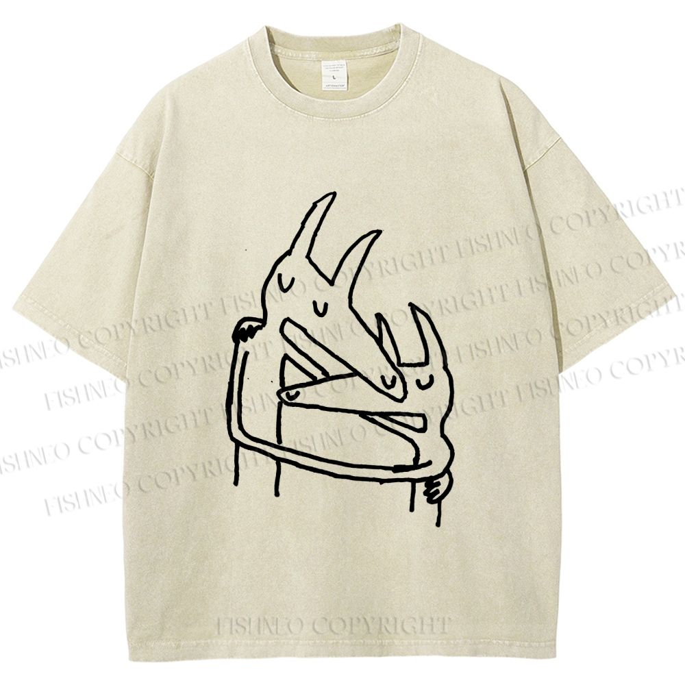 Unisex Vintage Wolf Hug Printed Washed Tee