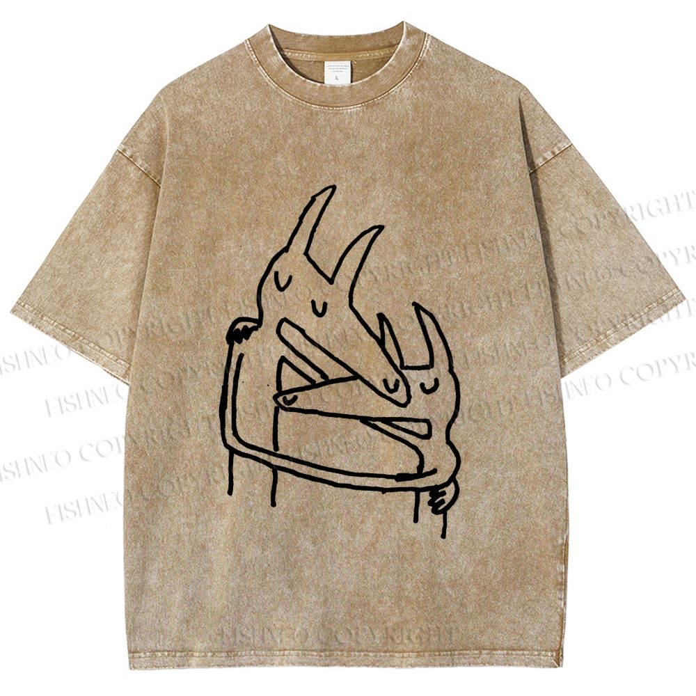 Unisex Vintage Wolf Hug Printed Washed Tee