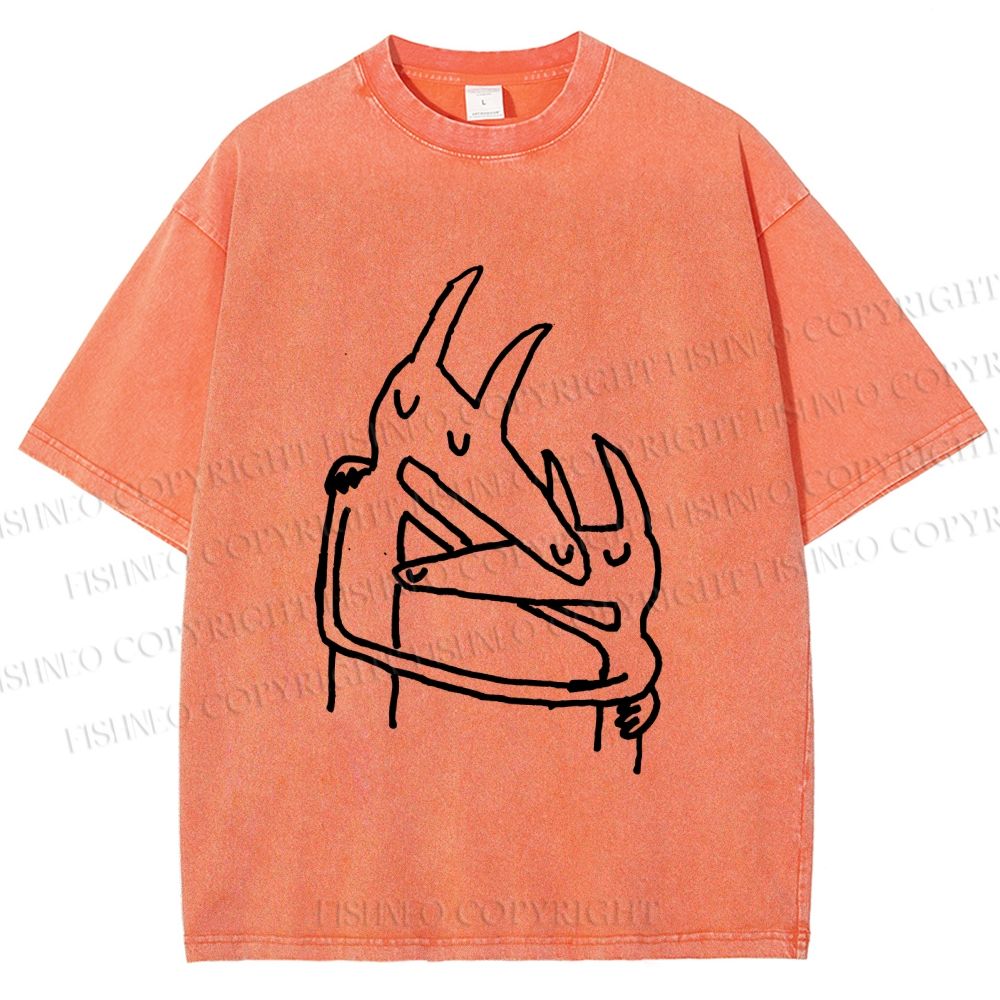 Unisex Vintage Wolf Hug Printed Washed Tee