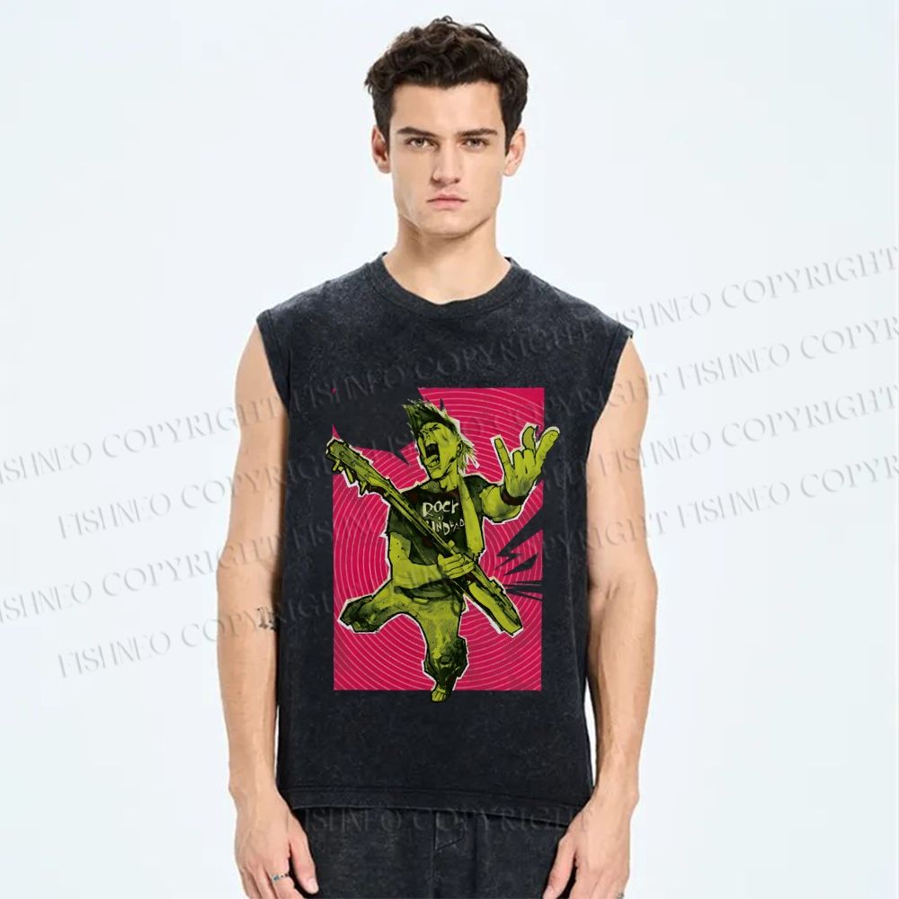 Unisex Rock Roll Graffiti Printed Washed Tank Top